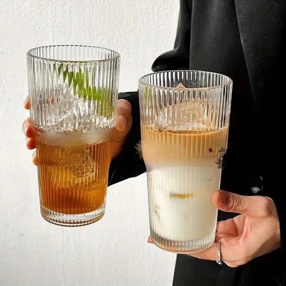 600ml Striped Glass Cup with Lid and Straw for Juice Coffee and Water EZ Carthub