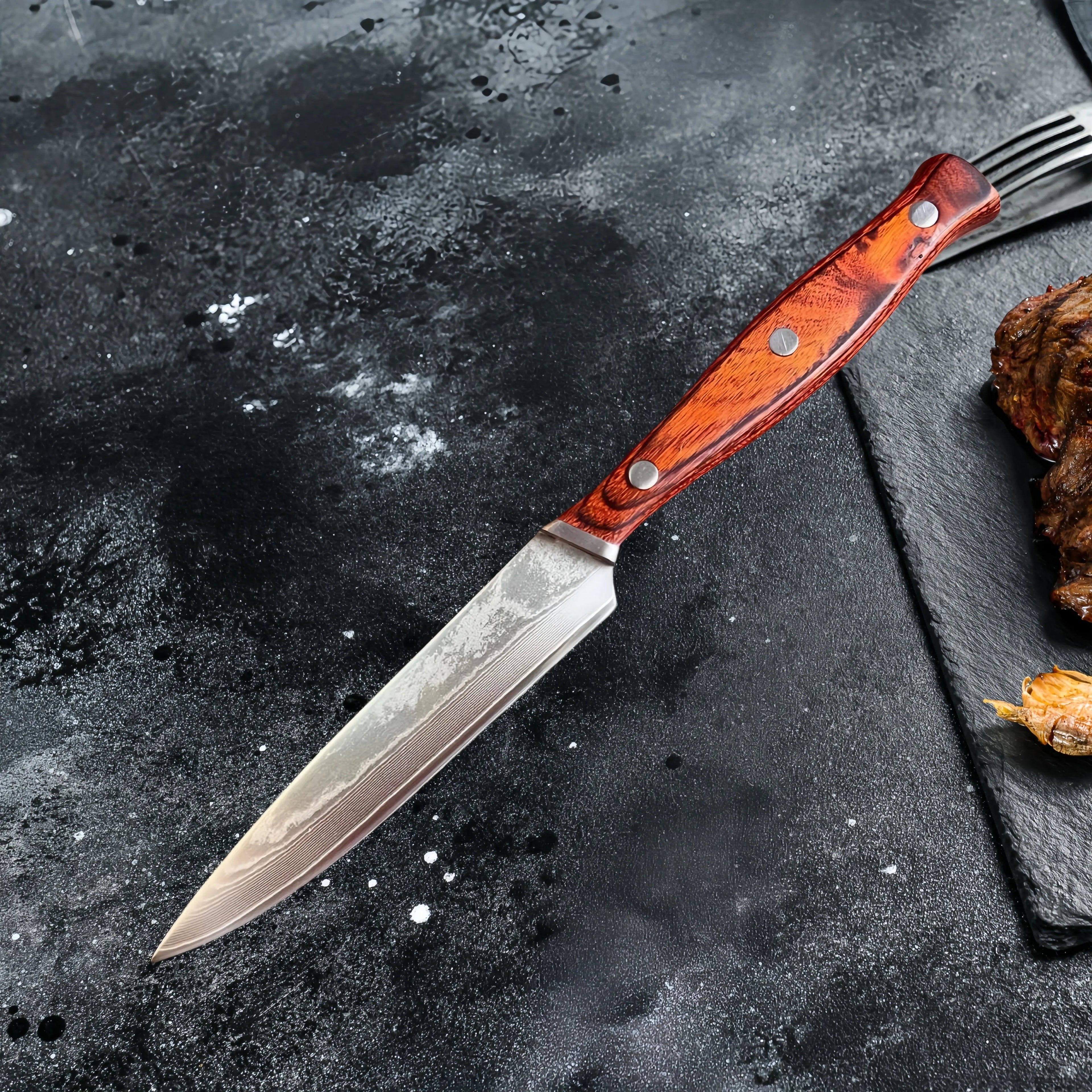 67 Layer Damascus Steel Steak Knife with Wood Handle and Protective Sheath EZ Carthub