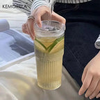 600ml Striped Glass Cup with Lid and Straw for Coffee and Cold Drinks EZ Carthub