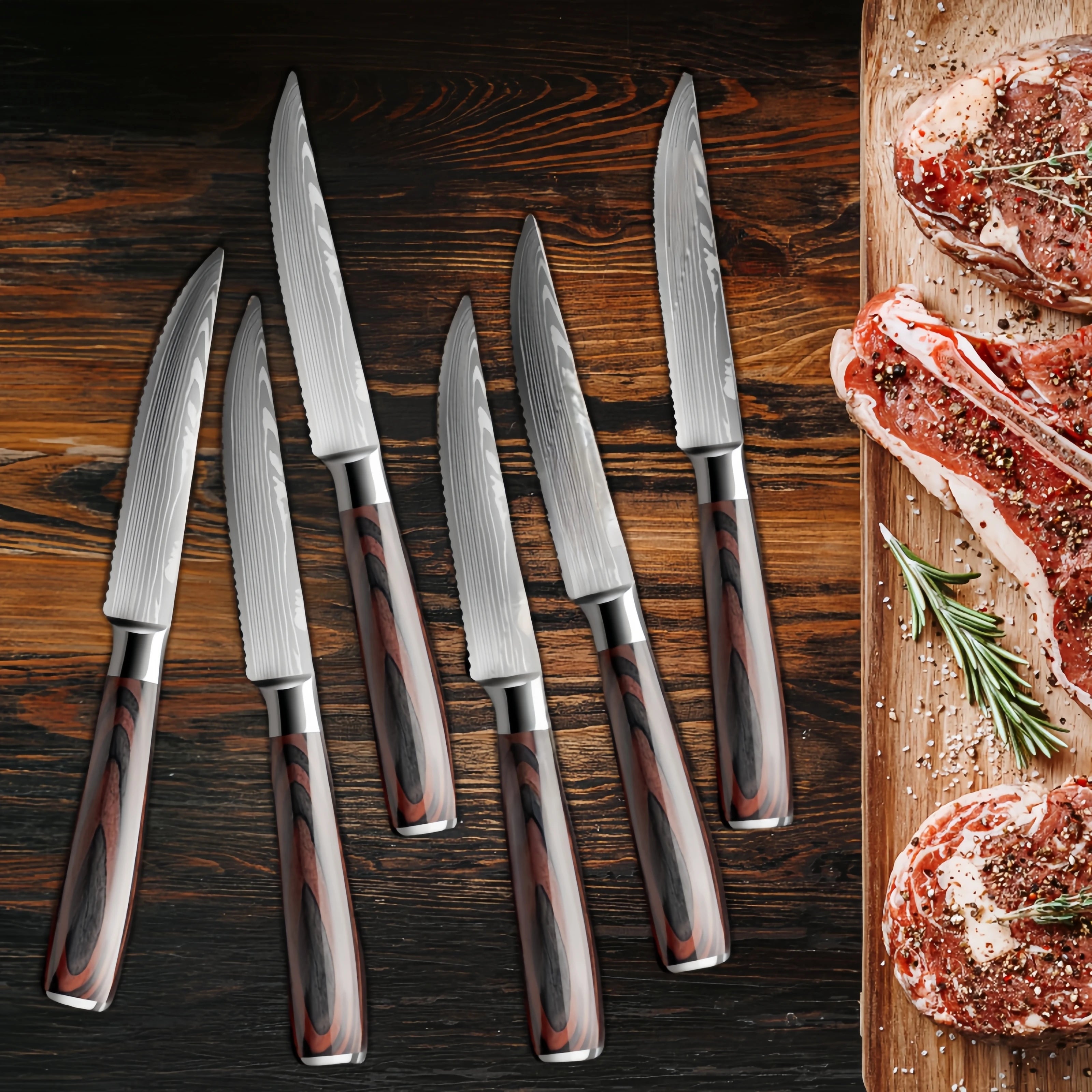 Damascus Pattern Steak Knife Set with Wooden Handles for Precise Dining and Cutting EZ Carthub