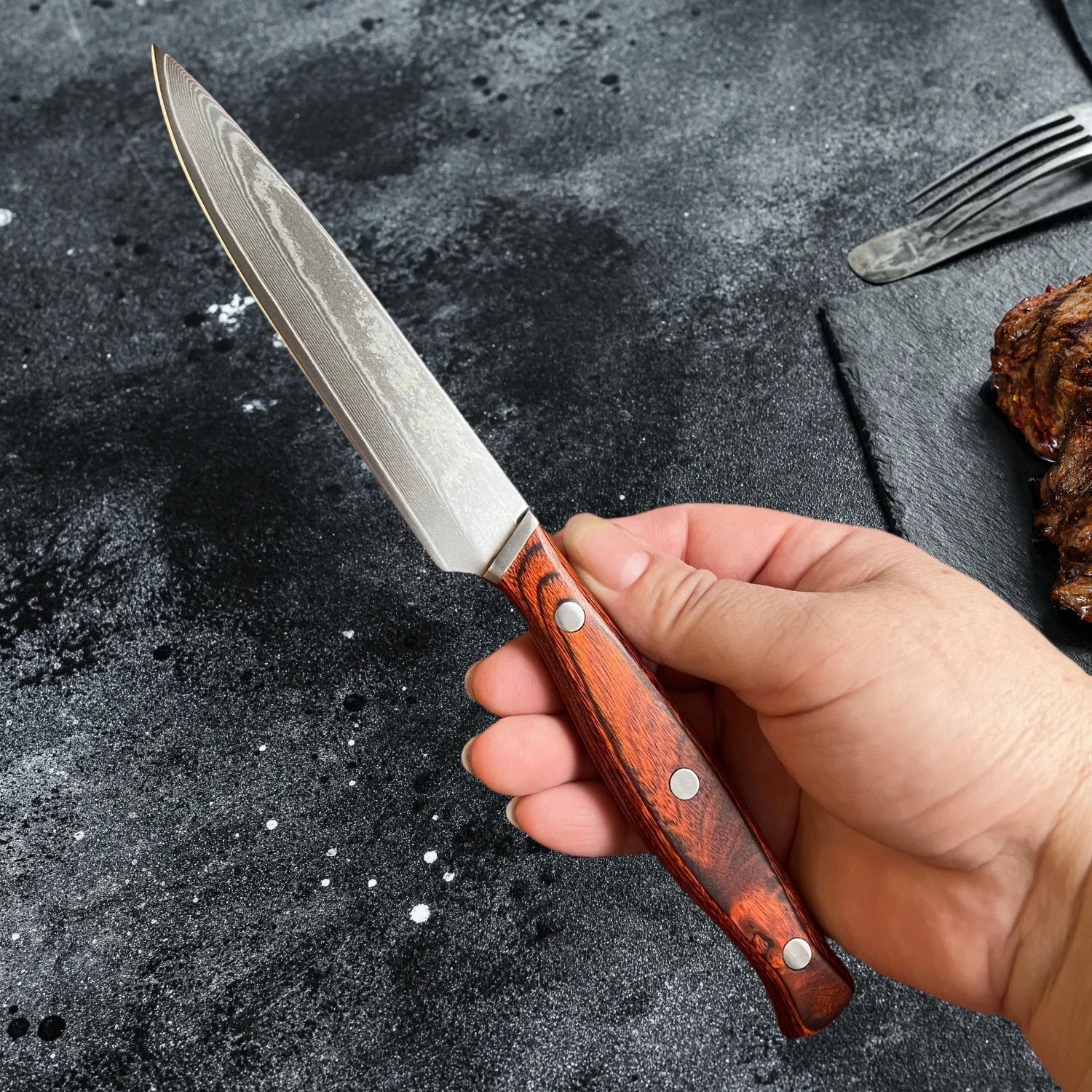 67 Layer Damascus Steel Steak Knife with Wood Handle and Protective Sheath EZ Carthub