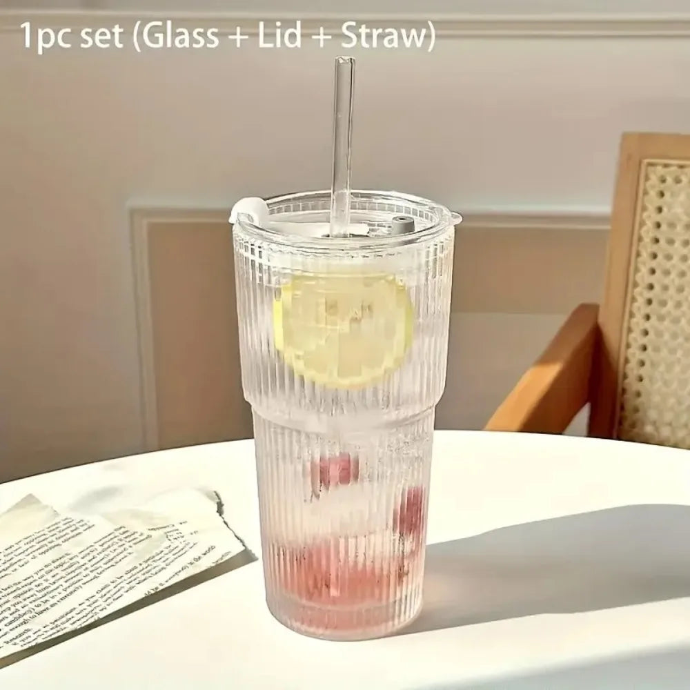 600ml Striped Glass Cup with Lid and Straw for Juice Coffee and Water EZ Carthub