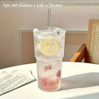 600ml Striped Glass Cup with Lid and Straw for Juice Coffee and Water EZ Carthub