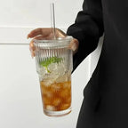 600ml Striped Glass Cup with Lid and Straw for Juice Coffee and Water EZ Carthub