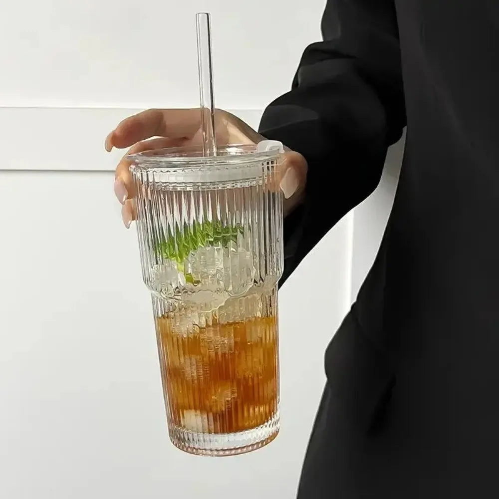 600ml Striped Glass Cup with Lid and Straw for Juice Coffee and Water EZ Carthub