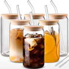 6 Piece Glass Cup Set with Bamboo Lids and Straws for Coffee and Cold Drinks EZ Carthub