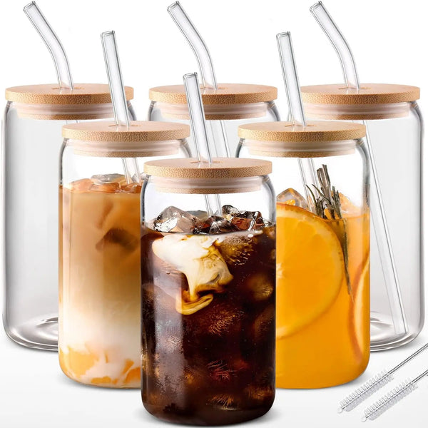 6 Piece Glass Cup Set with Bamboo Lids and Straws for Coffee and Cold Drinks EZ Carthub