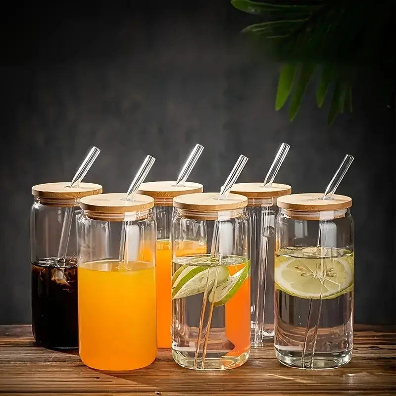 6 Piece Glass Cup Set with Bamboo Lids and Straws for Coffee and Cold Drinks EZ Carthub