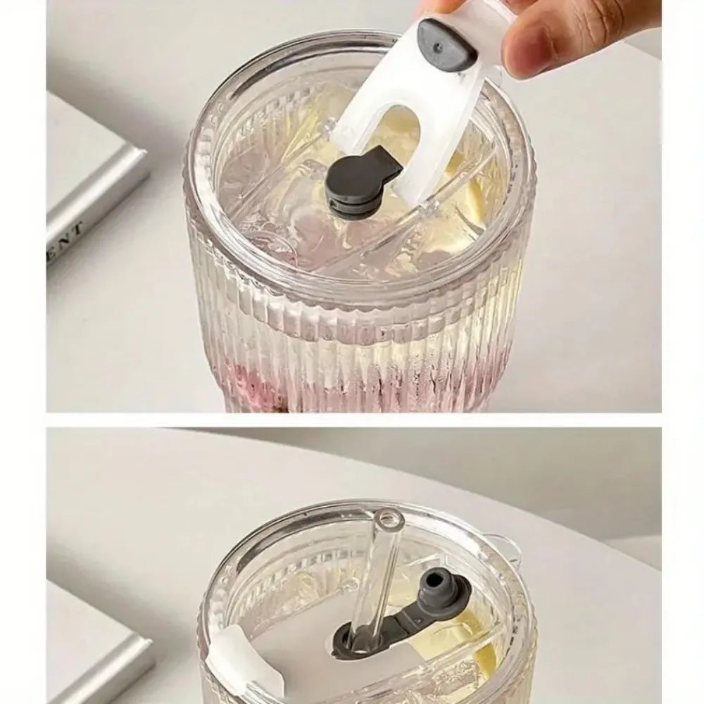 600ml Striped Glass Cup with Lid and Straw for Juice Coffee and Water EZ Carthub