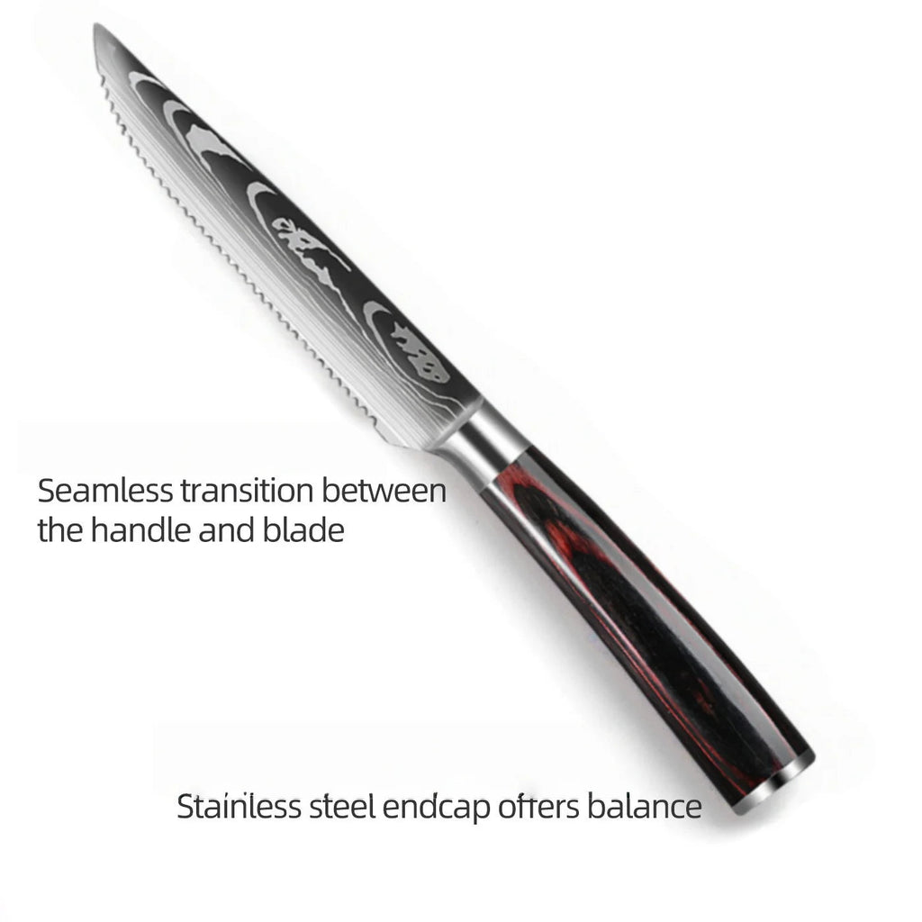 Damascus Pattern Steak Knife Set with Wooden Handles for Precise Dining and Cutting EZ Carthub