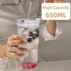 600ml Striped Glass Cup with Lid and Straw for Coffee and Cold Drinks EZ Carthub
