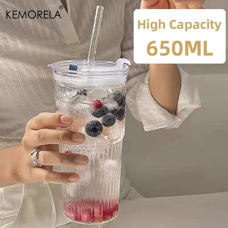 600ml Striped Glass Cup with Lid and Straw for Coffee and Cold Drinks EZ Carthub