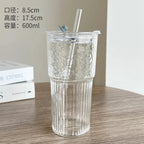 600ml Striped Glass Cup with Lid and Straw for Coffee and Cold Drinks EZ Carthub
