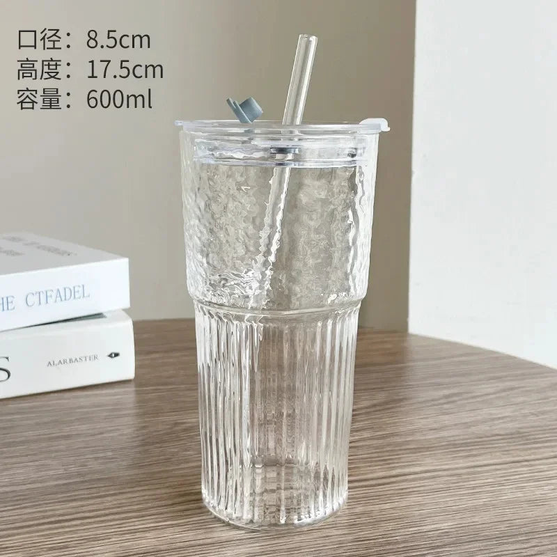 600ml Striped Glass Cup with Lid and Straw for Coffee and Cold Drinks EZ Carthub