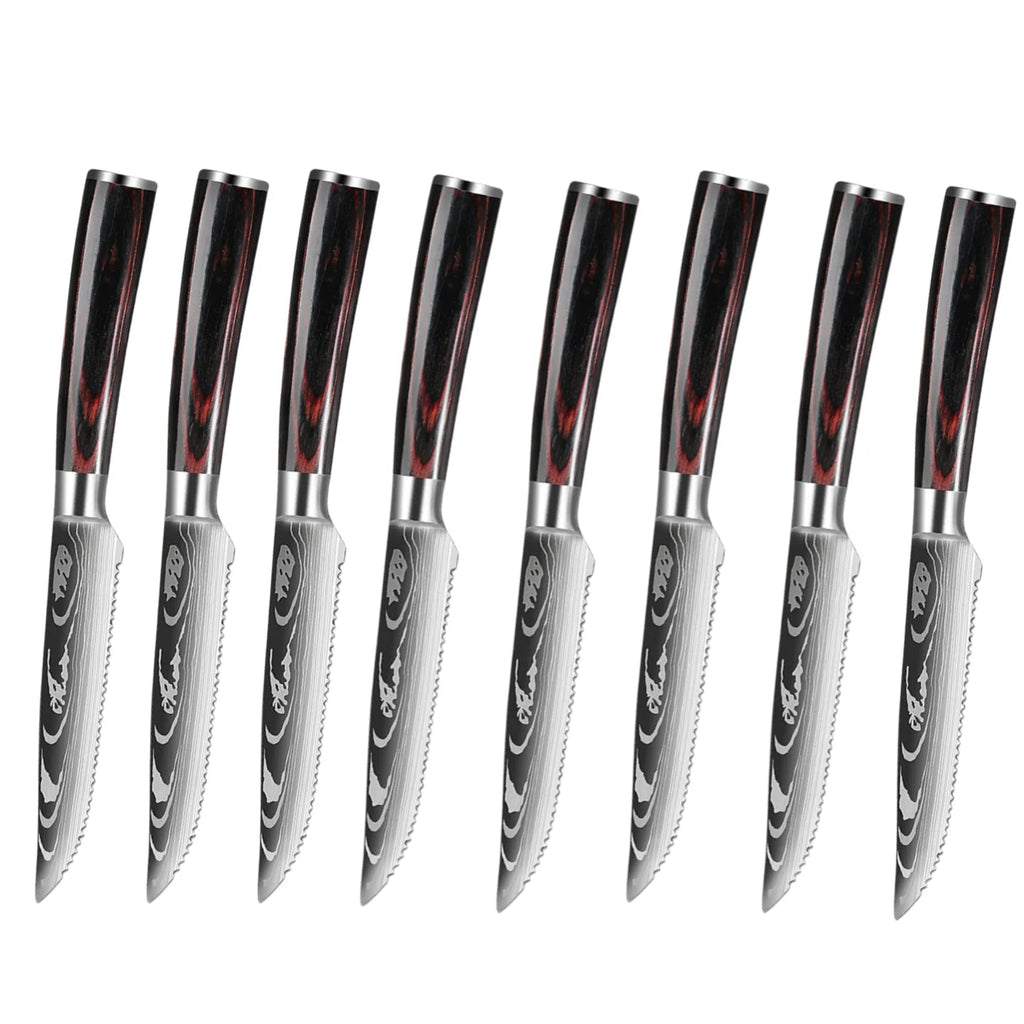 Damascus Pattern Steak Knife Set with Wooden Handles for Precise Dining and Cutting EZ Carthub