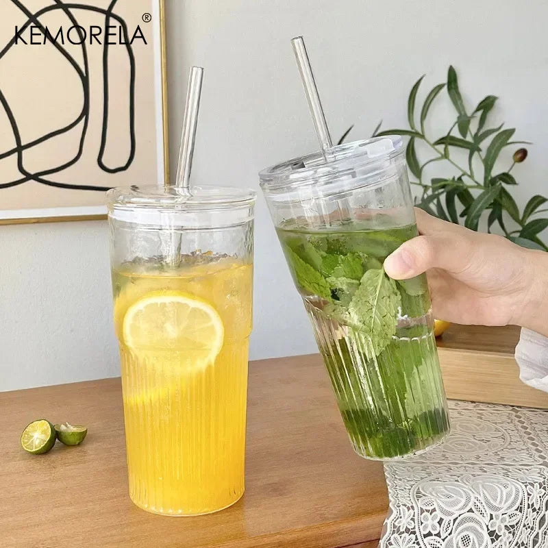 600ml Striped Glass Cup with Lid and Straw for Coffee and Cold Drinks EZ Carthub