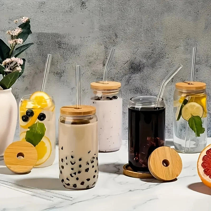 6 Piece Glass Cup Set with Bamboo Lids and Straws for Coffee and Cold Drinks EZ Carthub