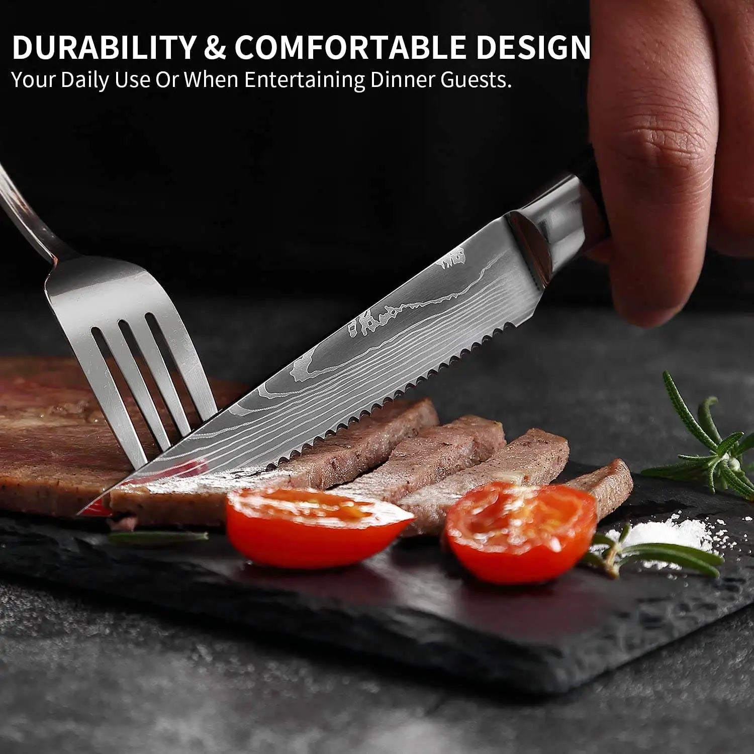 Damascus Pattern Steak Knife Set with Wooden Handles for Precise Dining and Cutting EZ Carthub