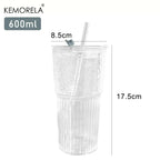 600ml Striped Glass Cup with Lid and Straw for Coffee and Cold Drinks EZ Carthub