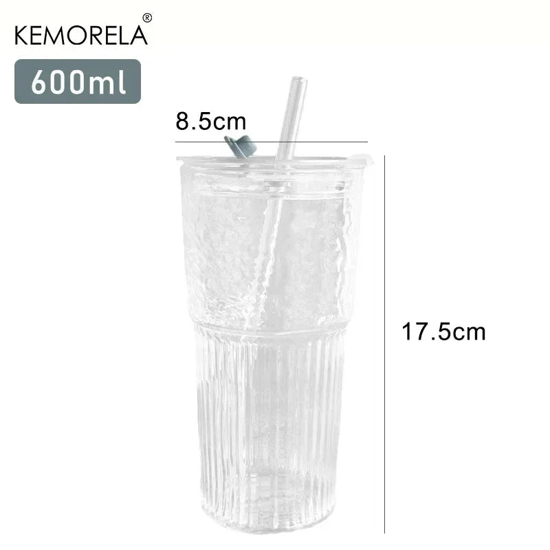 600ml Striped Glass Cup with Lid and Straw for Coffee and Cold Drinks EZ Carthub