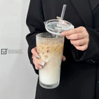 600ml Striped Glass Cup with Lid and Straw for Juice Coffee and Water EZ Carthub