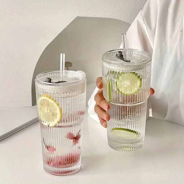 600ml Striped Glass Cup with Lid and Straw for Juice Coffee and Water EZ Carthub