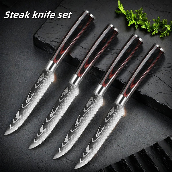 Damascus Pattern Steak Knife Set with Wooden Handles for Precise Dining and Cutting EZ Carthub