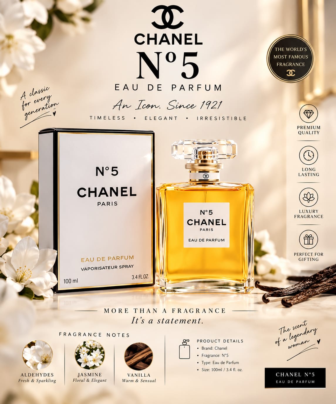Chanel N°5 Eau de Parfum 100ml | Luxury Women’s Perfume | Floral Fragrance online store